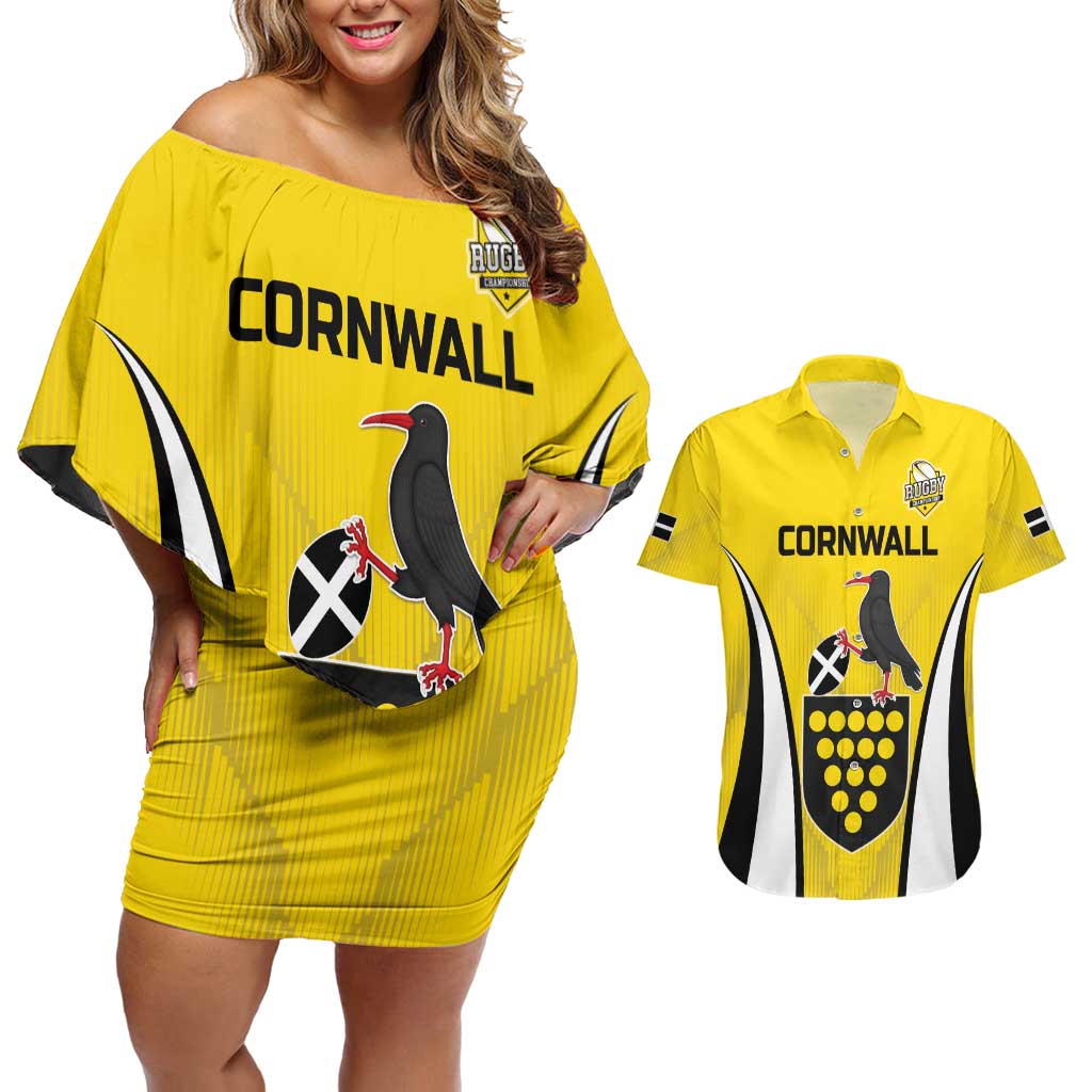 Custom Cornwall Rugby Couples Matching Off Shoulder Short Dress and Hawaiian Shirt Cornish Chough Go Champion - Wonder Print Shop