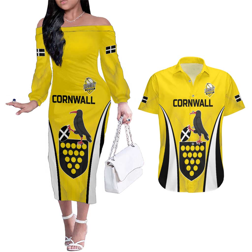 Custom Cornwall Rugby Couples Matching Off The Shoulder Long Sleeve Dress and Hawaiian Shirt Cornish Chough Go Champion - Wonder Print Shop