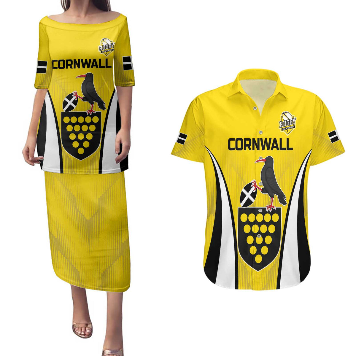 Custom Cornwall Rugby Couples Matching Puletasi and Hawaiian Shirt Cornish Chough Go Champion - Wonder Print Shop