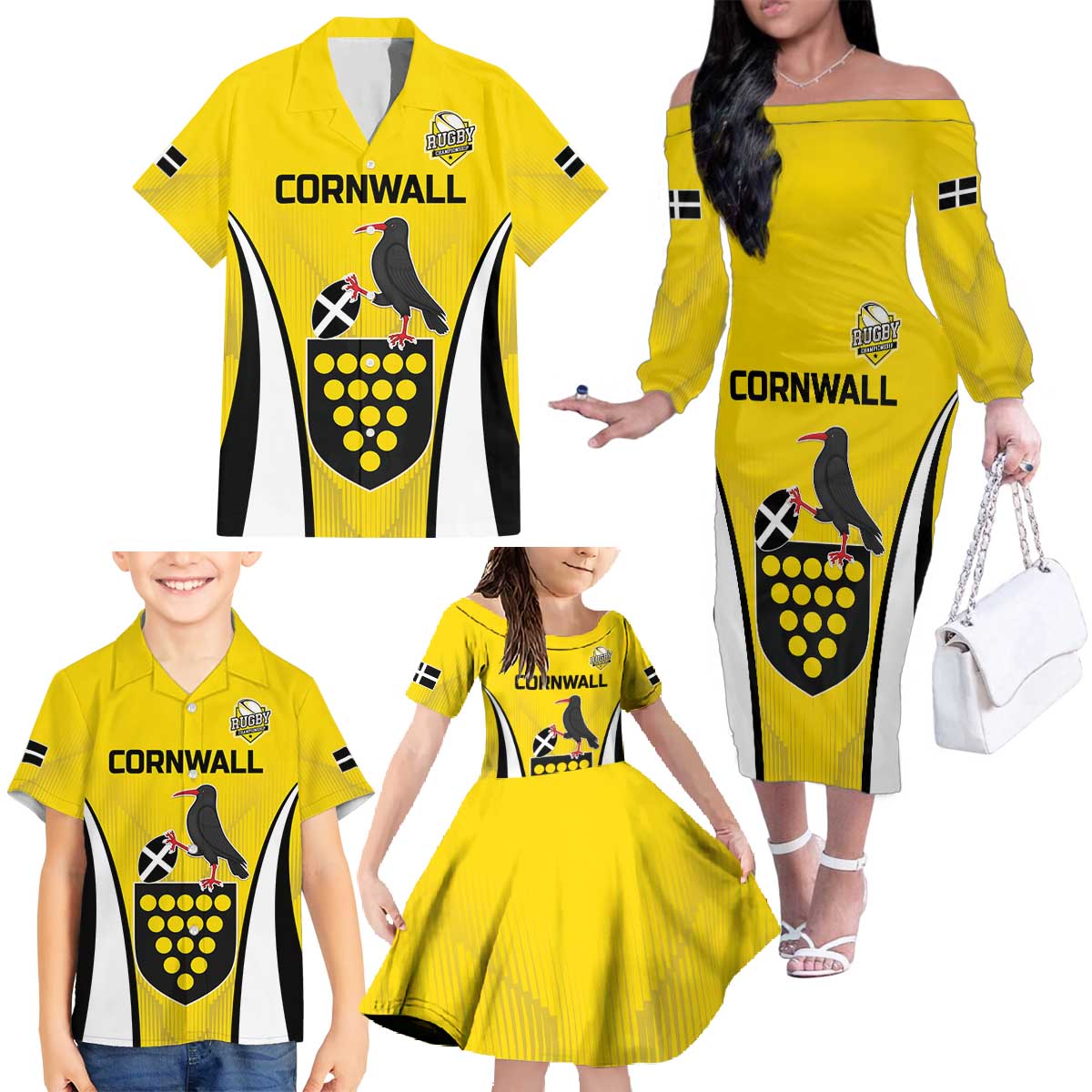 Custom Cornwall Rugby Family Matching Off The Shoulder Long Sleeve Dress and Hawaiian Shirt Cornish Chough Go Champion - Wonder Print Shop