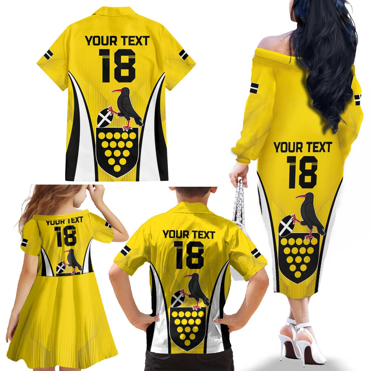 Custom Cornwall Rugby Family Matching Off The Shoulder Long Sleeve Dress and Hawaiian Shirt Cornish Chough Go Champion - Wonder Print Shop