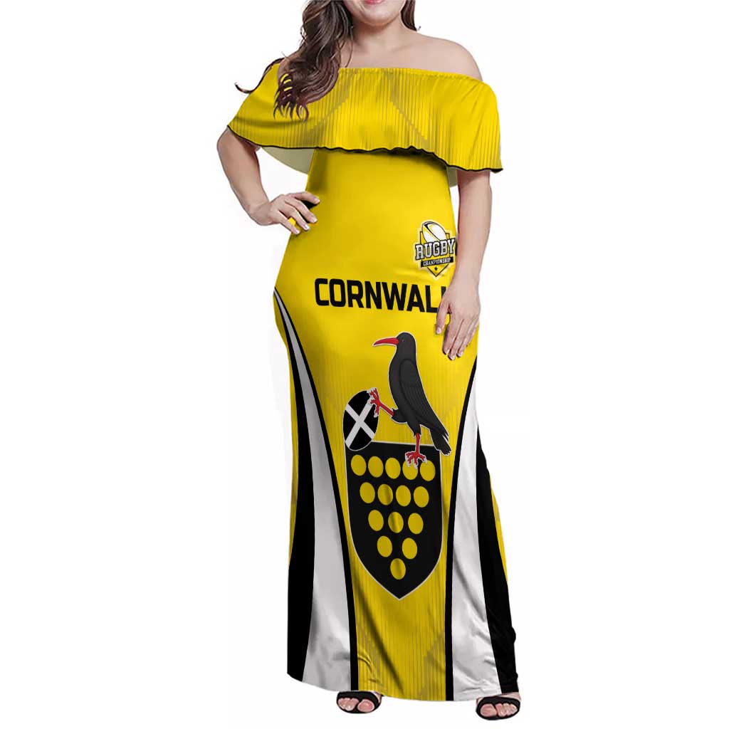 Custom Cornwall Rugby Family Matching Off Shoulder Maxi Dress and Hawaiian Shirt Cornish Chough Go Champion - Wonder Print Shop