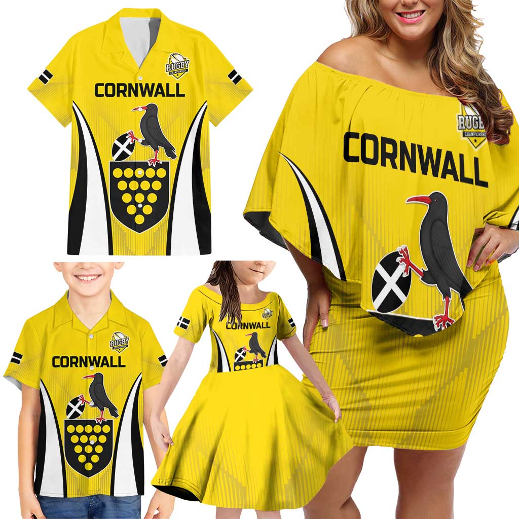 Custom Cornwall Rugby Family Matching Off Shoulder Short Dress and Hawaiian Shirt Cornish Chough Go Champion - Wonder Print Shop