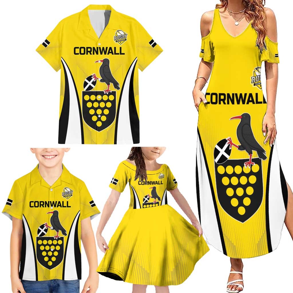 Custom Cornwall Rugby Family Matching Summer Maxi Dress and Hawaiian Shirt Cornish Chough Go Champion - Wonder Print Shop