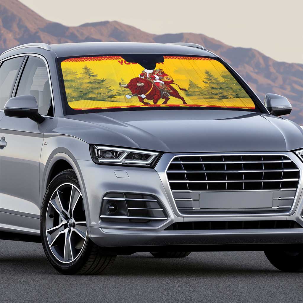 Personalized Spain Christmas Auto Sun Shade Santa Riding Red Bull Feliz Navidad - Wonder Print Shop