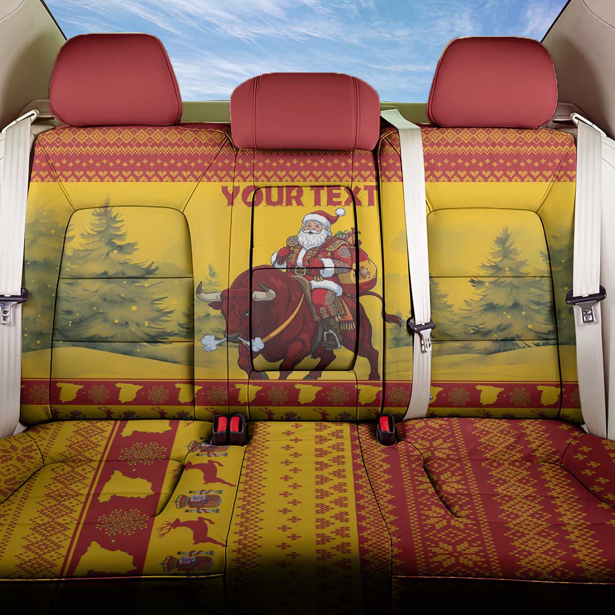 Personalized Spain Christmas Back Car Seat Cover Santa Riding Red Bull Feliz Navidad - Wonder Print Shop
