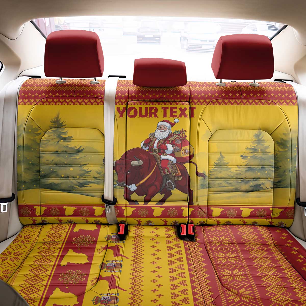 Personalized Spain Christmas Back Car Seat Cover Santa Riding Red Bull Feliz Navidad - Wonder Print Shop