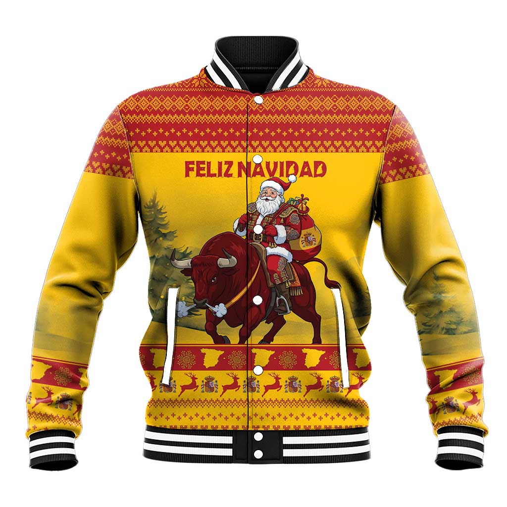 Personalized Spain Christmas Baseball Jacket Santa Riding Red Bull Feliz Navidad - Wonder Print Shop