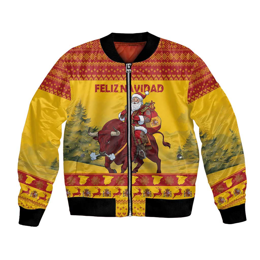 Personalized Spain Christmas Bomber Jacket Santa Riding Red Bull Feliz Navidad - Wonder Print Shop