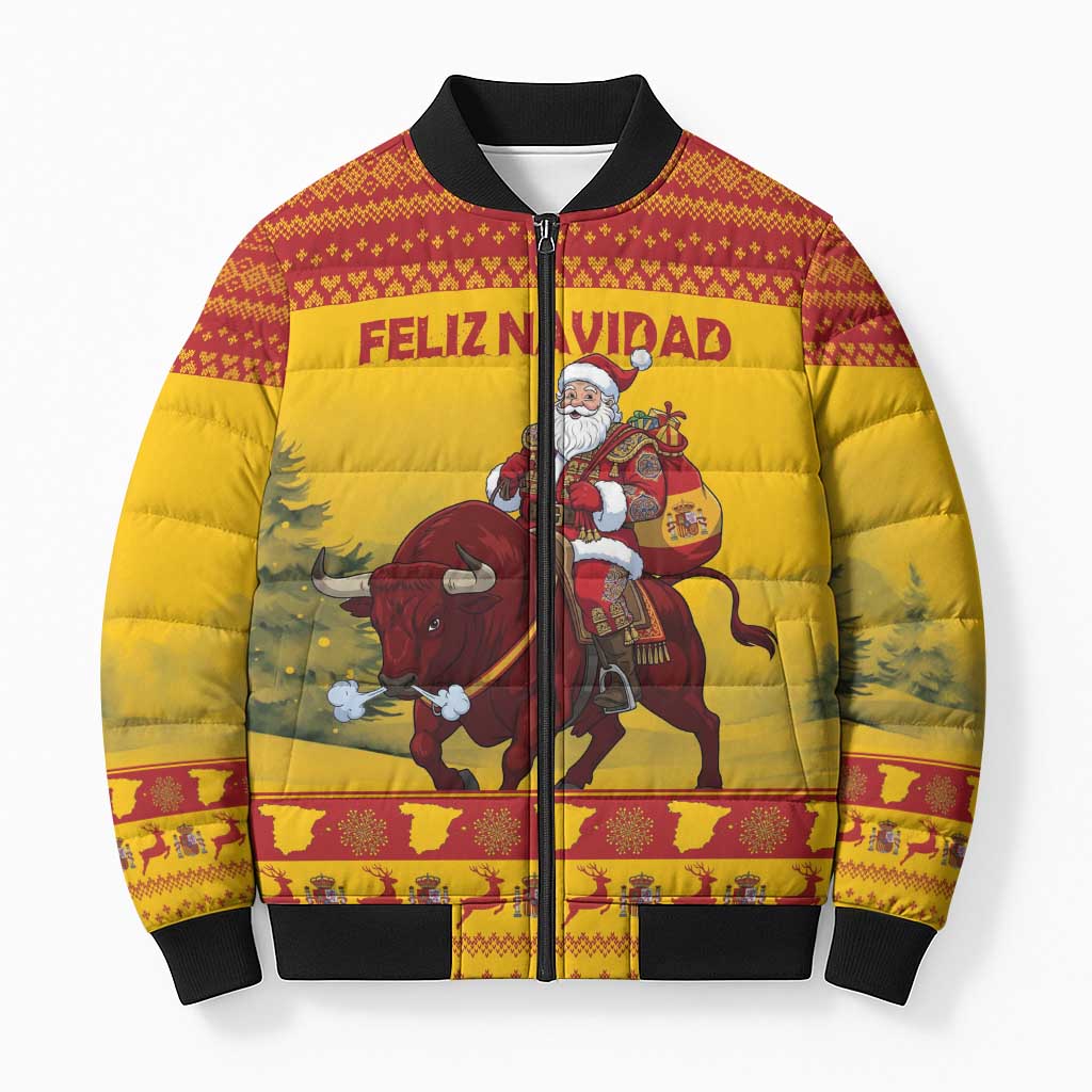 Personalized Spain Christmas Bomber Puffer Jacket Santa Riding Red Bull Feliz Navidad - Wonder Print Shop