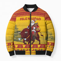 Personalized Spain Christmas Bomber Puffer Jacket Santa Riding Red Bull Feliz Navidad - Wonder Print Shop