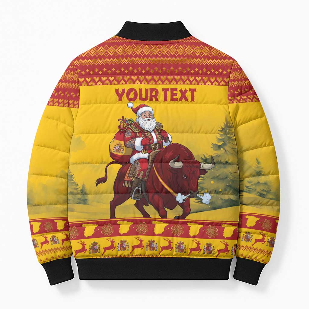 Personalized Spain Christmas Bomber Puffer Jacket Santa Riding Red Bull Feliz Navidad - Wonder Print Shop