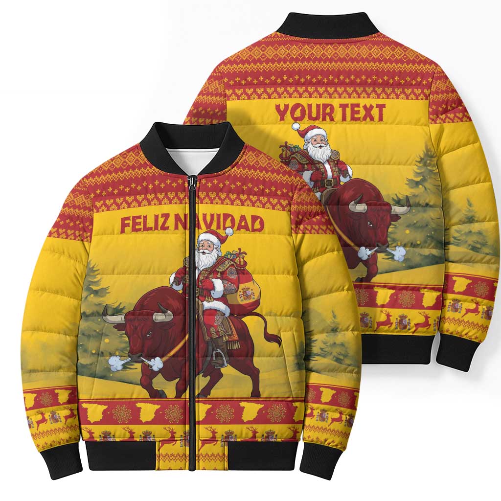 Personalized Spain Christmas Bomber Puffer Jacket Santa Riding Red Bull Feliz Navidad - Wonder Print Shop