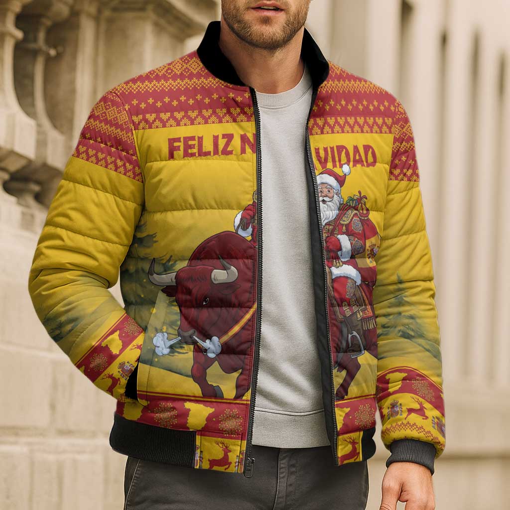 Personalized Spain Christmas Bomber Puffer Jacket Santa Riding Red Bull Feliz Navidad - Wonder Print Shop