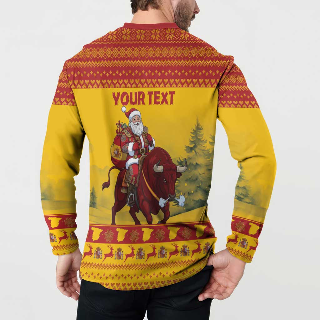 Personalized Spain Christmas Button Sweatshirt Santa Riding Red Bull Feliz Navidad - Wonder Print Shop