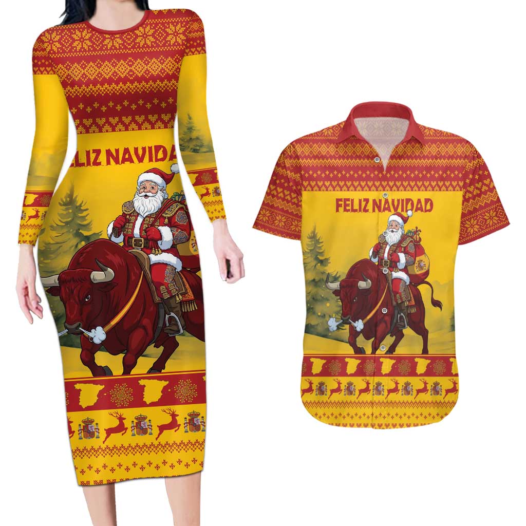 Personalized Spain Christmas Couples Matching Long Sleeve Bodycon Dress and Hawaiian Shirt Santa Riding Red Bull Feliz Navidad - Wonder Print Shop