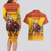 Personalized Spain Christmas Couples Matching Long Sleeve Bodycon Dress and Hawaiian Shirt Santa Riding Red Bull Feliz Navidad - Wonder Print Shop