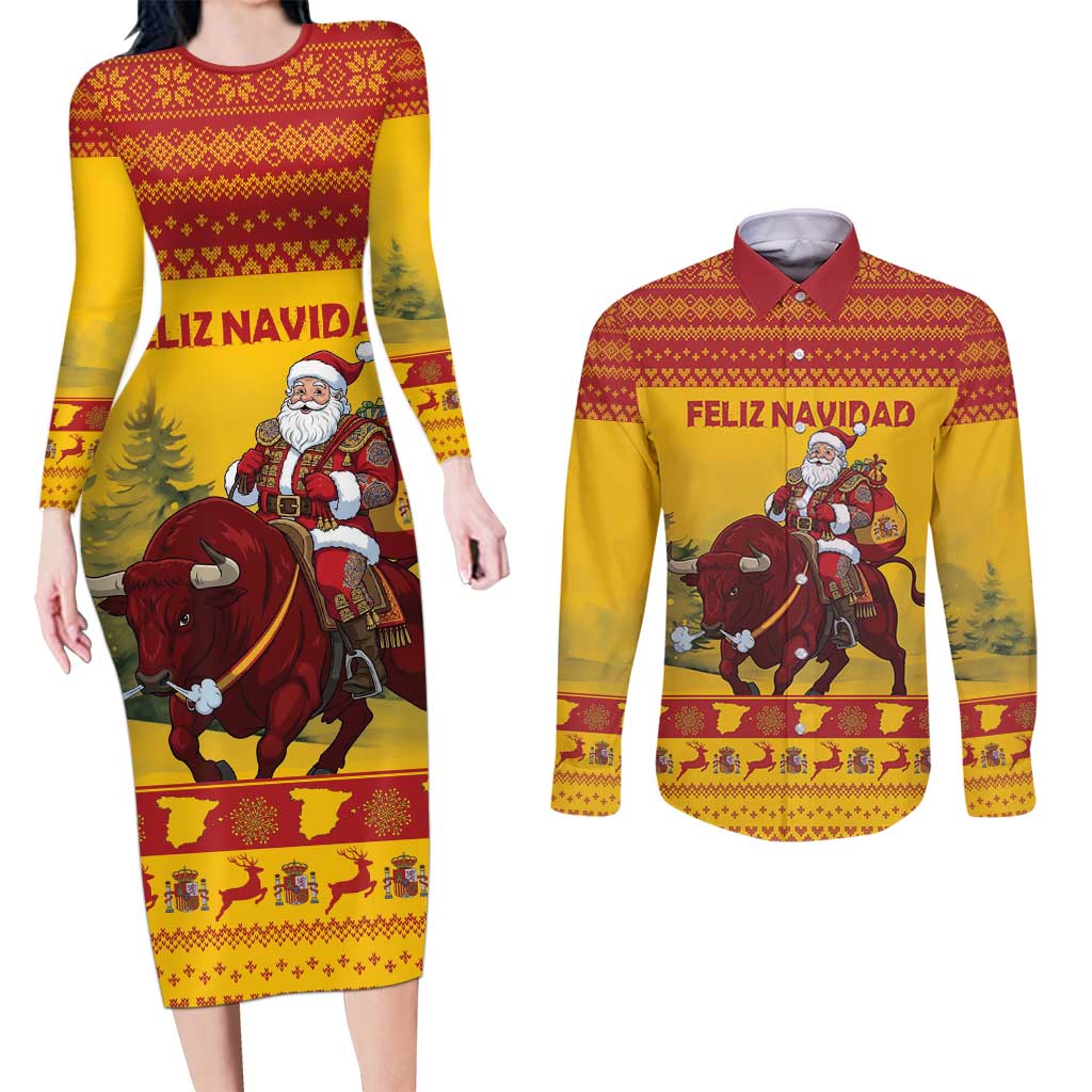 Personalized Spain Christmas Couples Matching Long Sleeve Bodycon Dress and Long Sleeve Button Shirt Santa Riding Red Bull Feliz Navidad - Wonder Print Shop