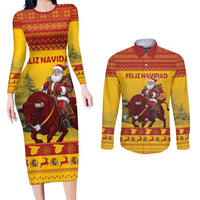 Personalized Spain Christmas Couples Matching Long Sleeve Bodycon Dress and Long Sleeve Button Shirt Santa Riding Red Bull Feliz Navidad - Wonder Print Shop