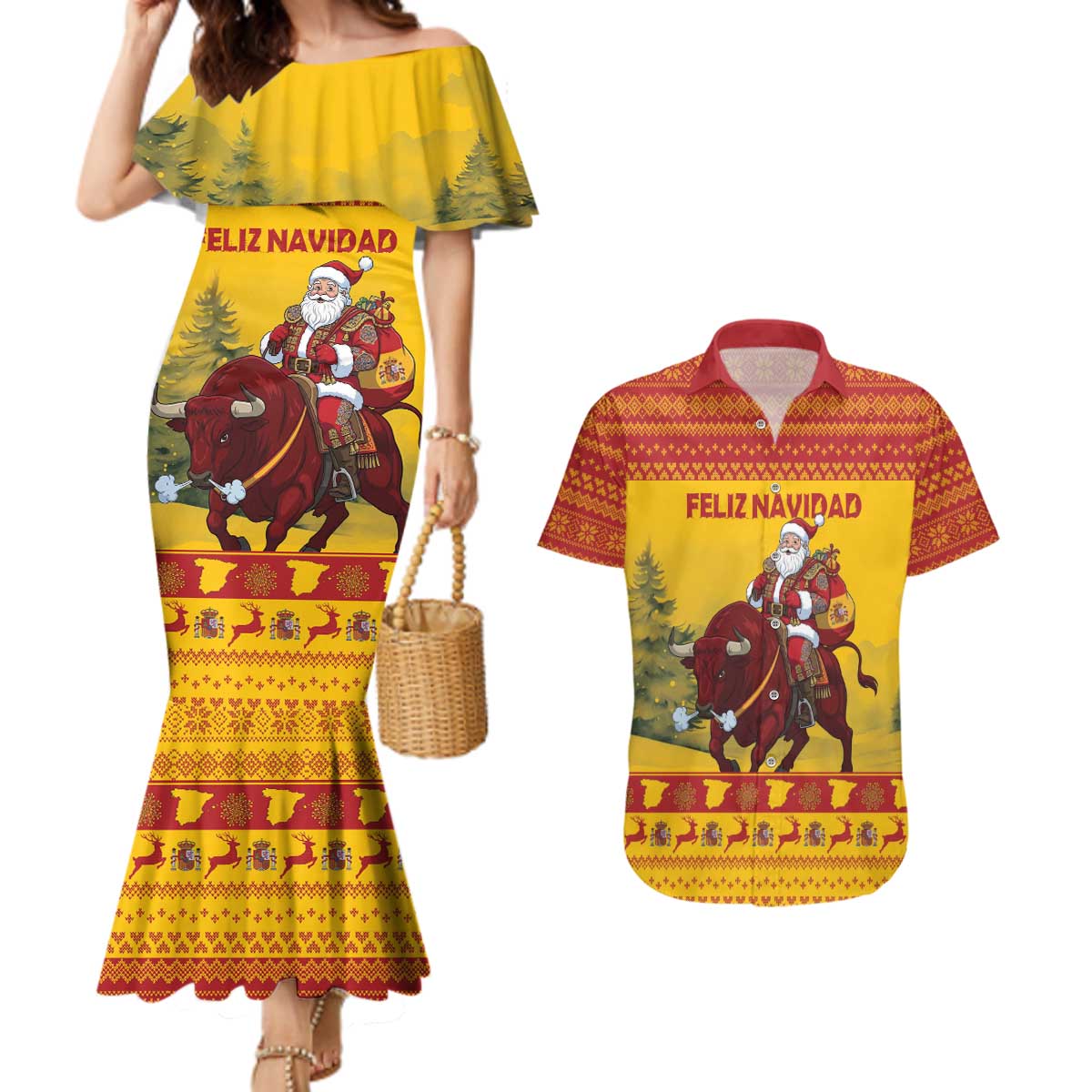 Personalized Spain Christmas Couples Matching Mermaid Dress and Hawaiian Shirt Santa Riding Red Bull Feliz Navidad - Wonder Print Shop