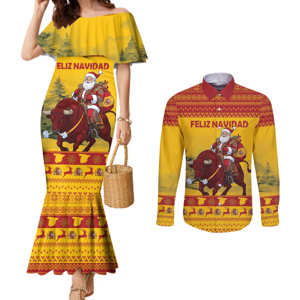Personalized Spain Christmas Couples Matching Mermaid Dress and Long Sleeve Button Shirt Santa Riding Red Bull Feliz Navidad - Wonder Print Shop