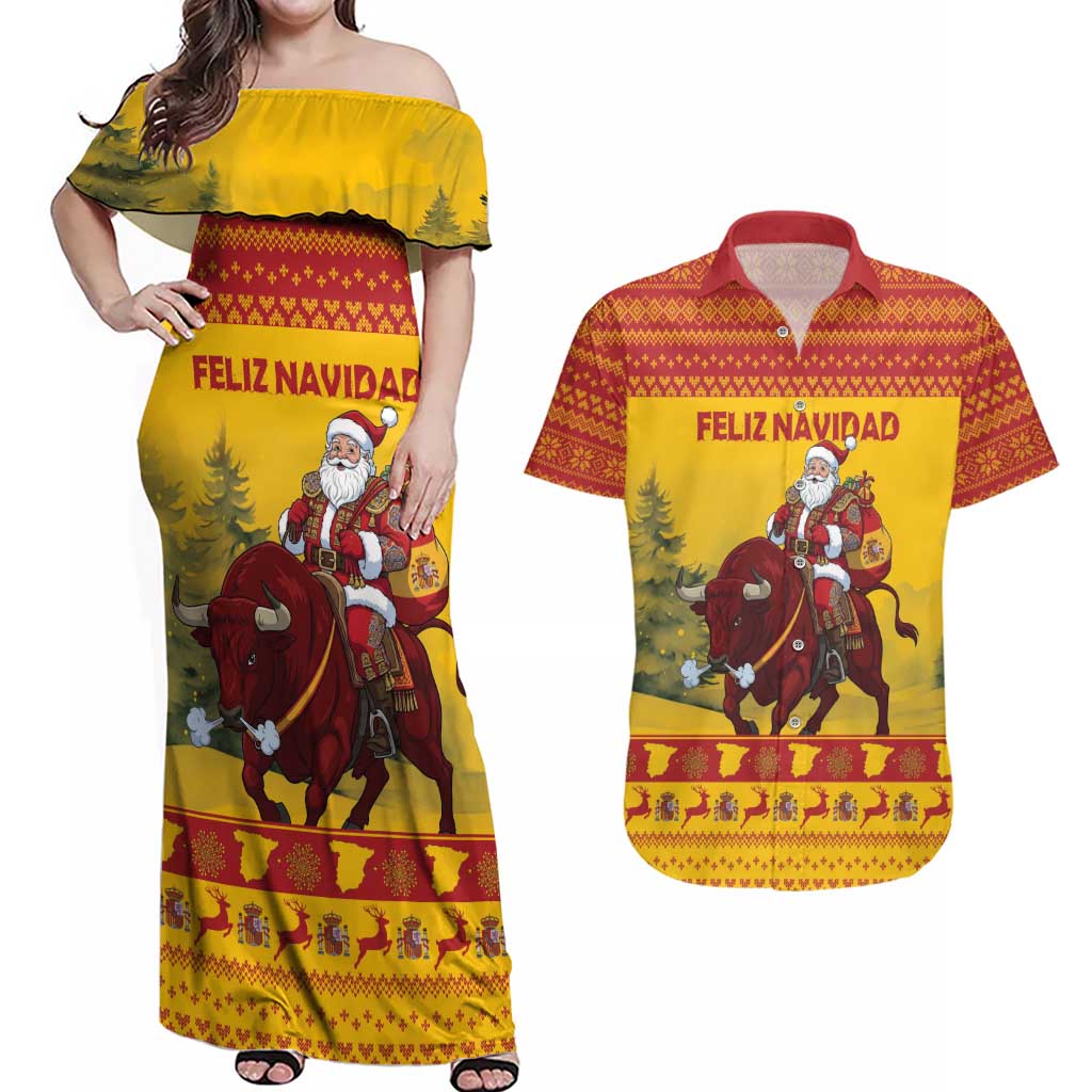 Personalized Spain Christmas Couples Matching Off Shoulder Maxi Dress and Hawaiian Shirt Santa Riding Red Bull Feliz Navidad - Wonder Print Shop