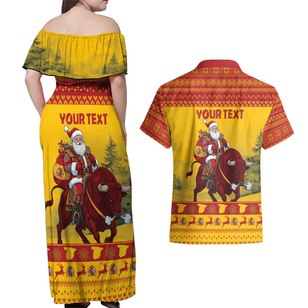 Personalized Spain Christmas Couples Matching Off Shoulder Maxi Dress and Hawaiian Shirt Santa Riding Red Bull Feliz Navidad - Wonder Print Shop