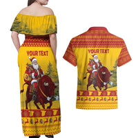 Personalized Spain Christmas Couples Matching Off Shoulder Maxi Dress and Hawaiian Shirt Santa Riding Red Bull Feliz Navidad - Wonder Print Shop