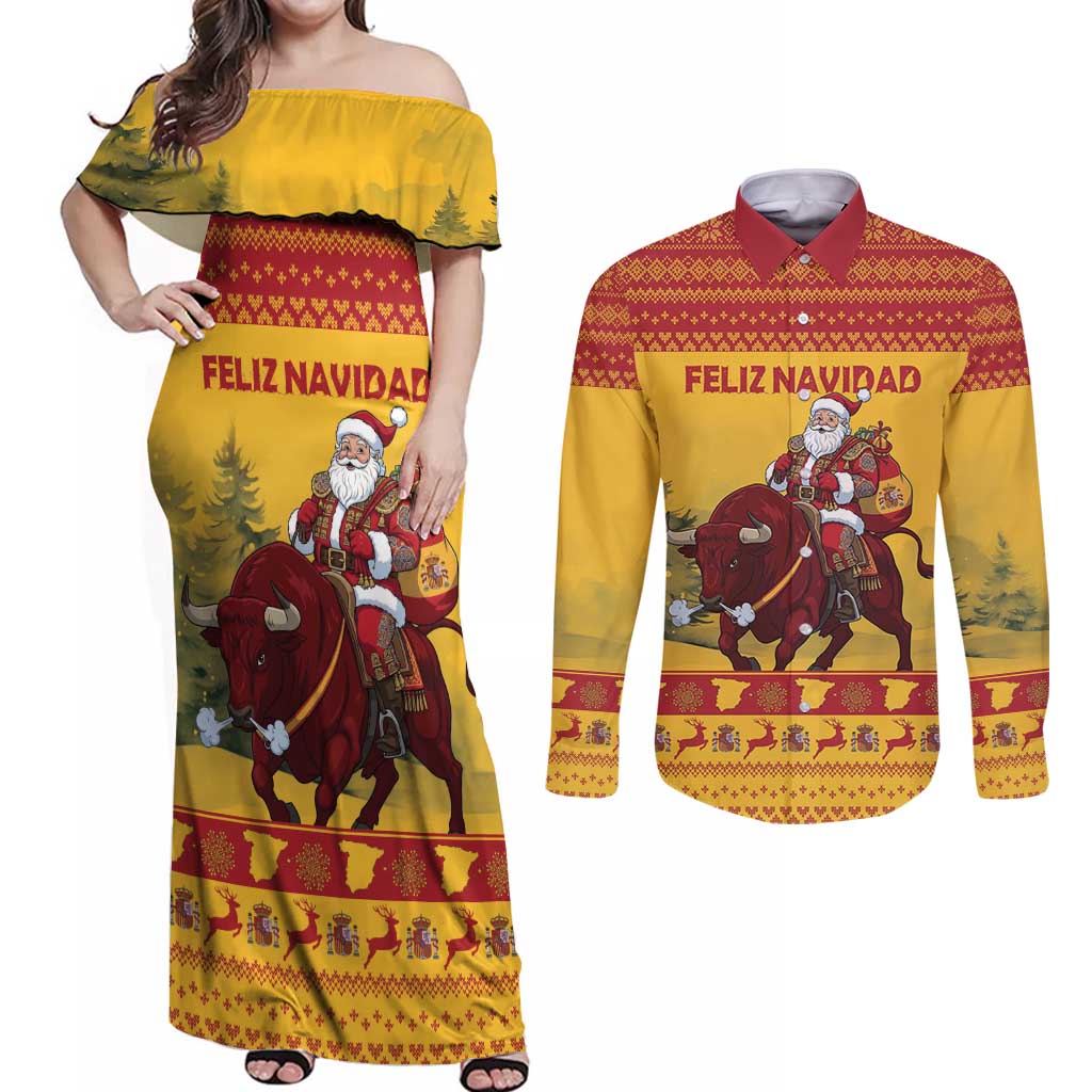 Personalized Spain Christmas Couples Matching Off Shoulder Maxi Dress and Long Sleeve Button Shirt Santa Riding Red Bull Feliz Navidad - Wonder Print Shop