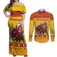 Personalized Spain Christmas Couples Matching Off Shoulder Maxi Dress and Long Sleeve Button Shirt Santa Riding Red Bull Feliz Navidad - Wonder Print Shop