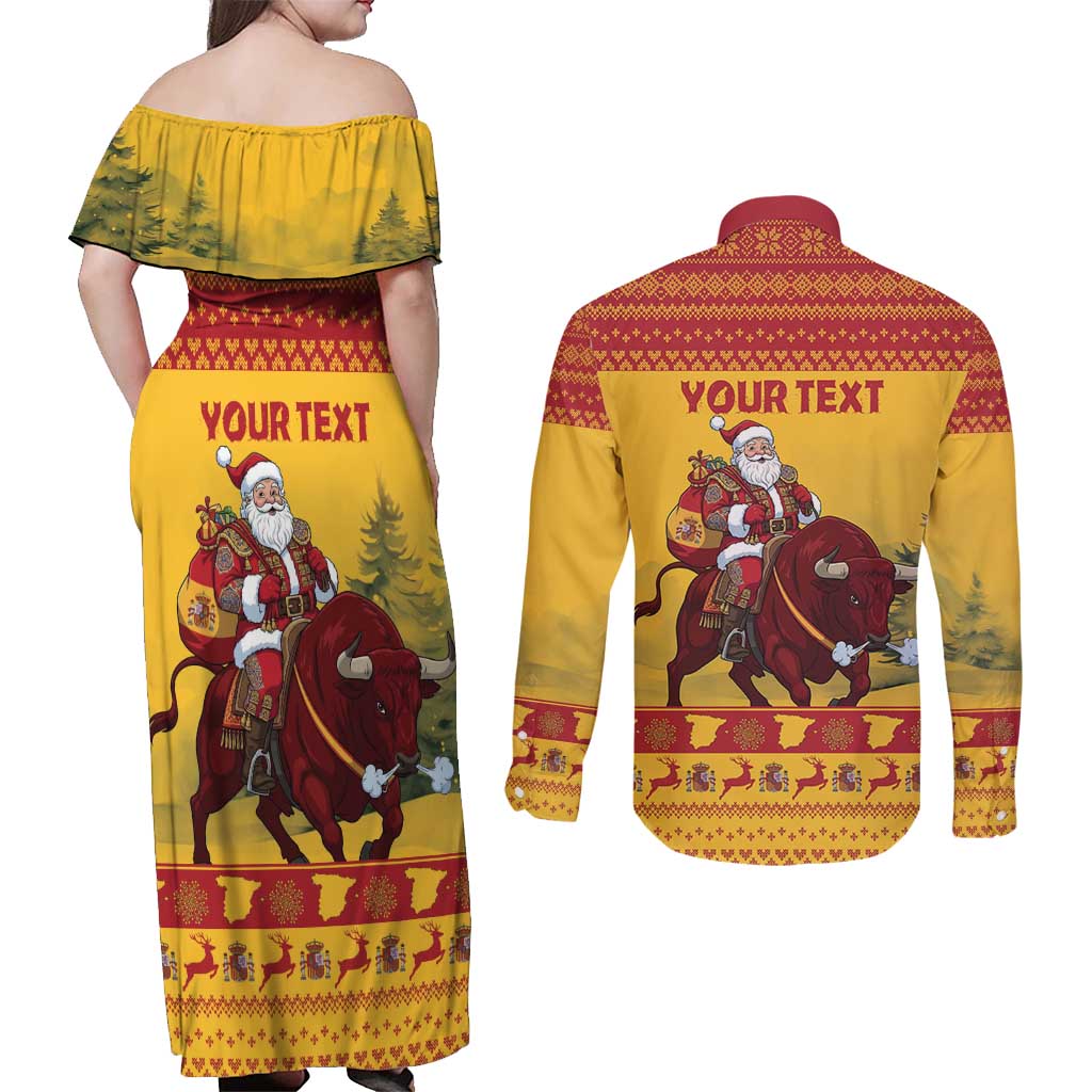 Personalized Spain Christmas Couples Matching Off Shoulder Maxi Dress and Long Sleeve Button Shirt Santa Riding Red Bull Feliz Navidad - Wonder Print Shop