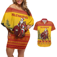 Personalized Spain Christmas Couples Matching Off Shoulder Short Dress and Hawaiian Shirt Santa Riding Red Bull Feliz Navidad - Wonder Print Shop