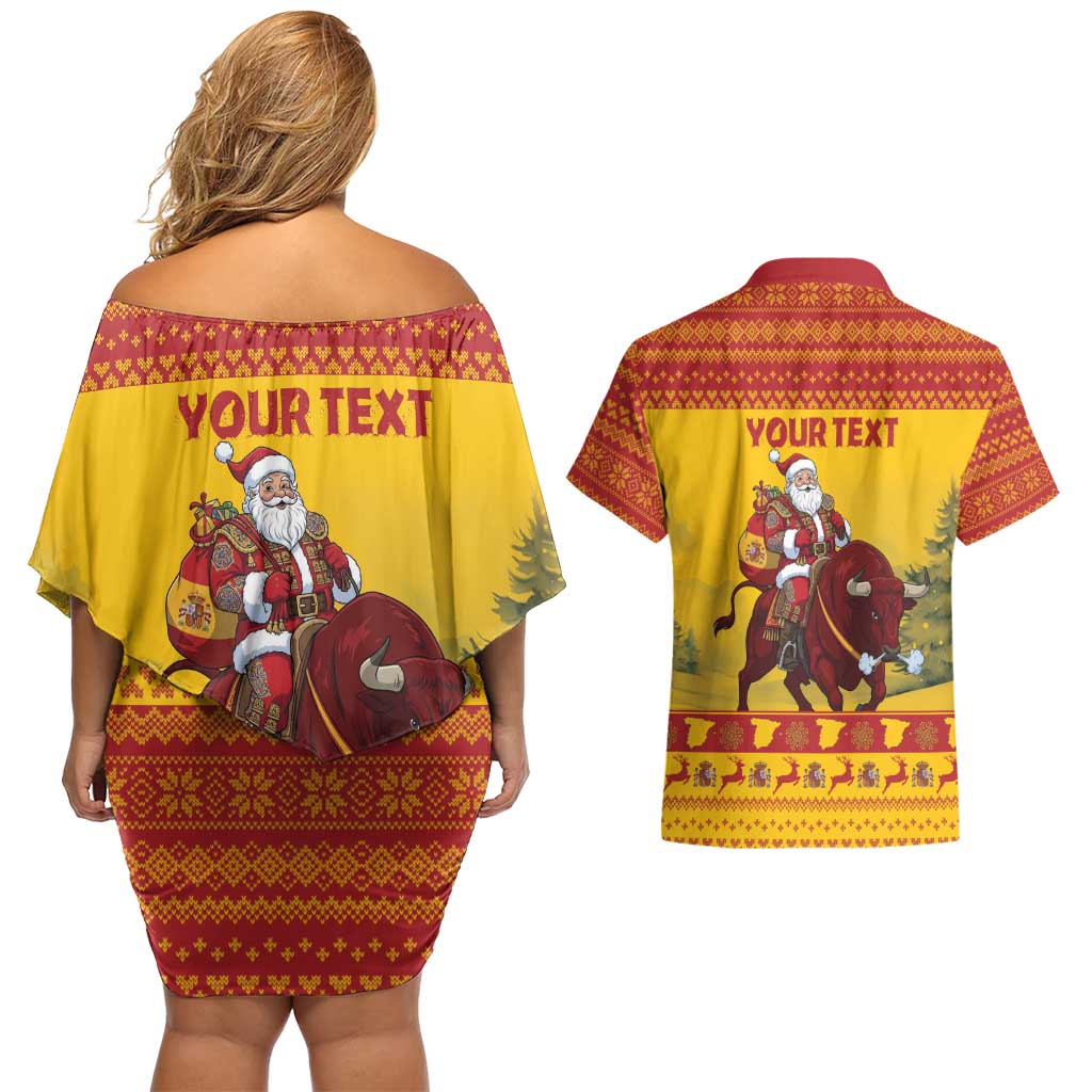 Personalized Spain Christmas Couples Matching Off Shoulder Short Dress and Hawaiian Shirt Santa Riding Red Bull Feliz Navidad - Wonder Print Shop
