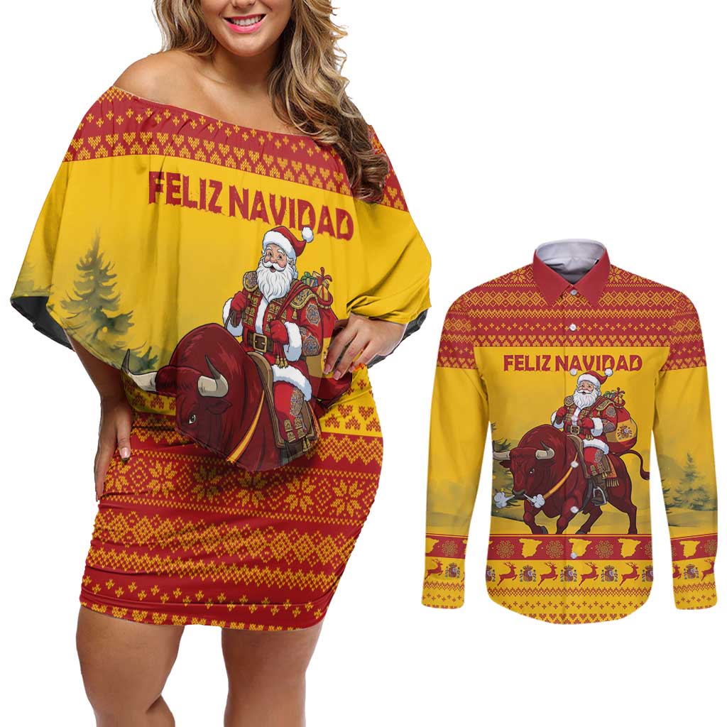 Personalized Spain Christmas Couples Matching Off Shoulder Short Dress and Long Sleeve Button Shirt Santa Riding Red Bull Feliz Navidad - Wonder Print Shop