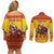 Personalized Spain Christmas Couples Matching Off Shoulder Short Dress and Long Sleeve Button Shirt Santa Riding Red Bull Feliz Navidad - Wonder Print Shop