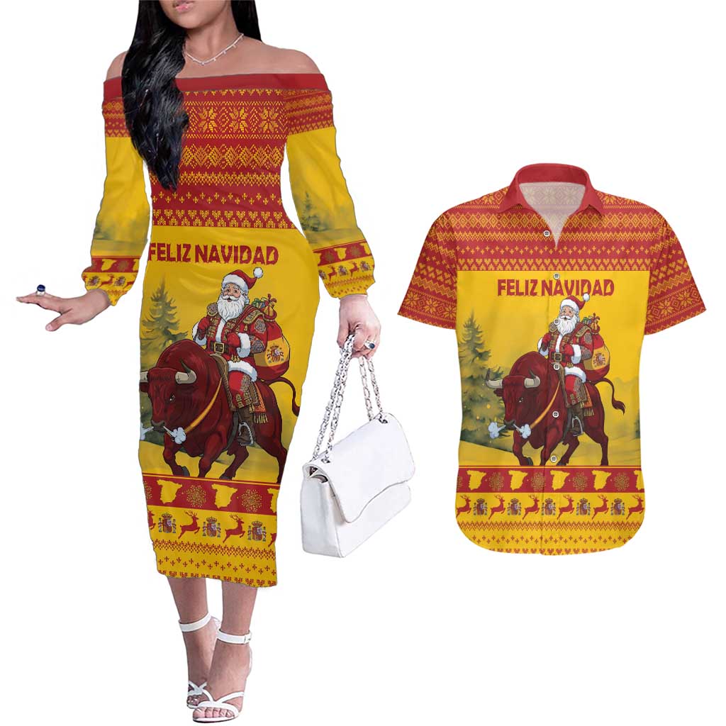 Personalized Spain Christmas Couples Matching Off The Shoulder Long Sleeve Dress and Hawaiian Shirt Santa Riding Red Bull Feliz Navidad - Wonder Print Shop