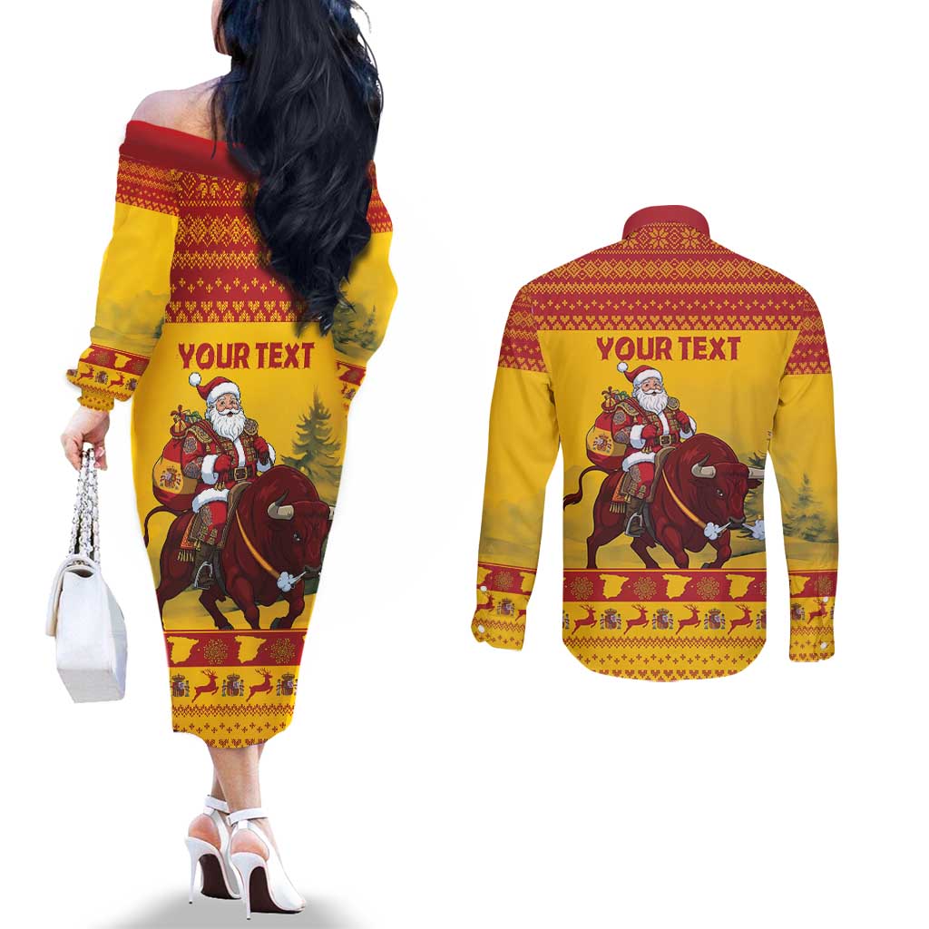 Personalized Spain Christmas Couples Matching Off The Shoulder Long Sleeve Dress and Long Sleeve Button Shirt Santa Riding Red Bull Feliz Navidad - Wonder Print Shop