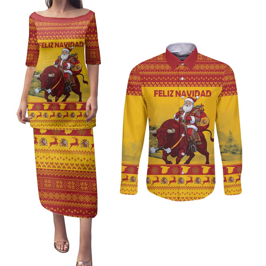 Personalized Spain Christmas Couples Matching Puletasi and Long Sleeve Button Shirt Santa Riding Red Bull Feliz Navidad - Wonder Print Shop
