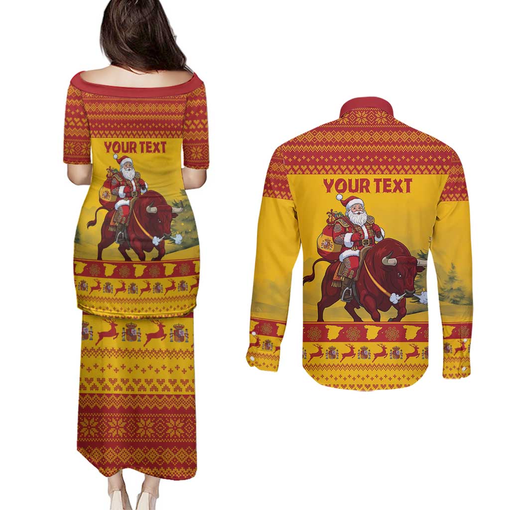 Personalized Spain Christmas Couples Matching Puletasi and Long Sleeve Button Shirt Santa Riding Red Bull Feliz Navidad - Wonder Print Shop