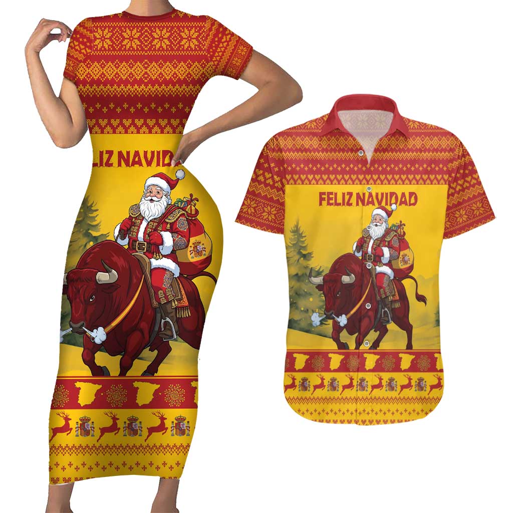 Personalized Spain Christmas Couples Matching Short Sleeve Bodycon Dress and Hawaiian Shirt Santa Riding Red Bull Feliz Navidad - Wonder Print Shop