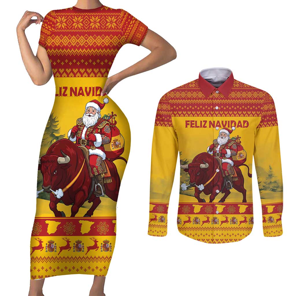 Personalized Spain Christmas Couples Matching Short Sleeve Bodycon Dress and Long Sleeve Button Shirt Santa Riding Red Bull Feliz Navidad - Wonder Print Shop