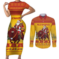 Personalized Spain Christmas Couples Matching Short Sleeve Bodycon Dress and Long Sleeve Button Shirt Santa Riding Red Bull Feliz Navidad - Wonder Print Shop