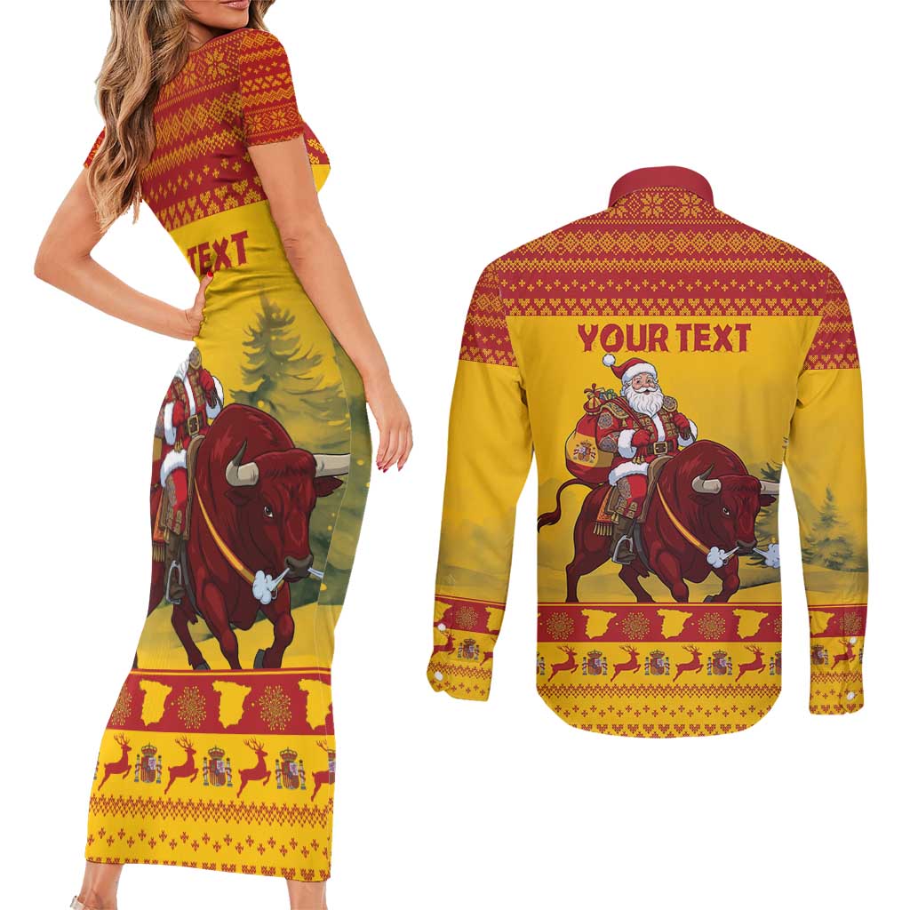 Personalized Spain Christmas Couples Matching Short Sleeve Bodycon Dress and Long Sleeve Button Shirt Santa Riding Red Bull Feliz Navidad - Wonder Print Shop