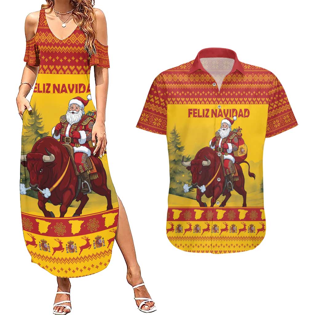 Personalized Spain Christmas Couples Matching Summer Maxi Dress and Hawaiian Shirt Santa Riding Red Bull Feliz Navidad - Wonder Print Shop