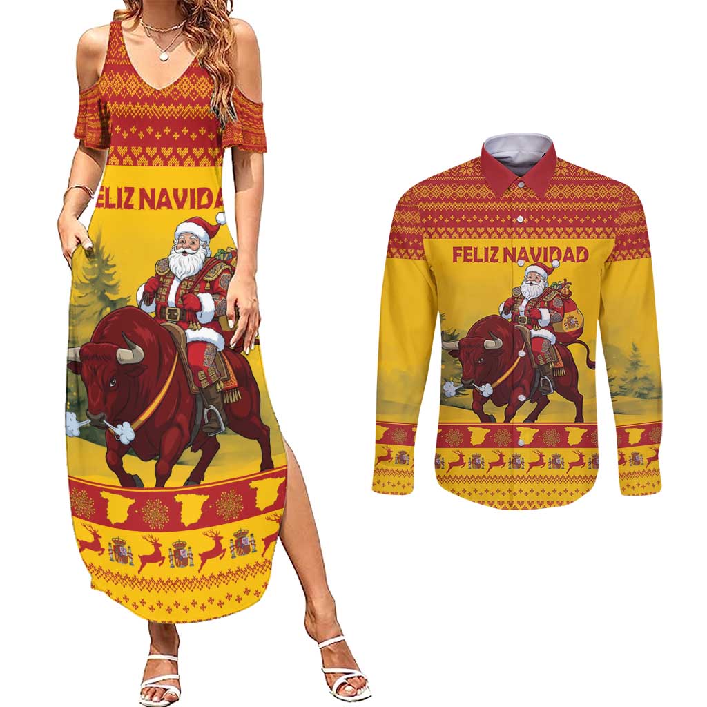 Personalized Spain Christmas Couples Matching Summer Maxi Dress and Long Sleeve Button Shirt Santa Riding Red Bull Feliz Navidad - Wonder Print Shop