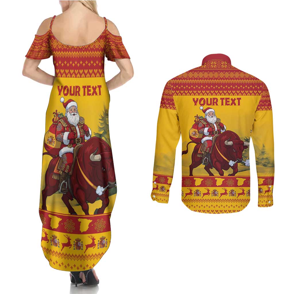 Personalized Spain Christmas Couples Matching Summer Maxi Dress and Long Sleeve Button Shirt Santa Riding Red Bull Feliz Navidad - Wonder Print Shop