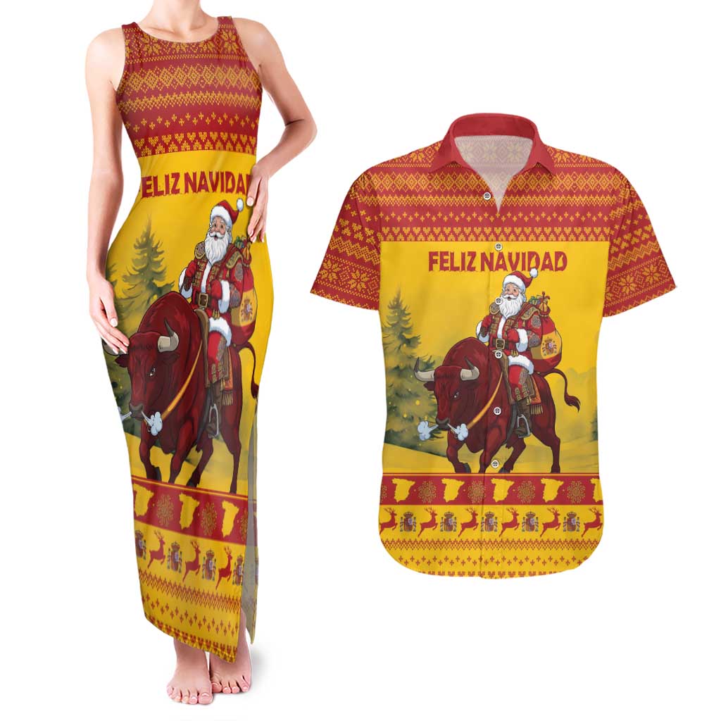 Personalized Spain Christmas Couples Matching Tank Maxi Dress and Hawaiian Shirt Santa Riding Red Bull Feliz Navidad - Wonder Print Shop