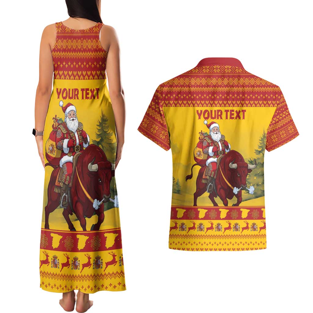Personalized Spain Christmas Couples Matching Tank Maxi Dress and Hawaiian Shirt Santa Riding Red Bull Feliz Navidad - Wonder Print Shop