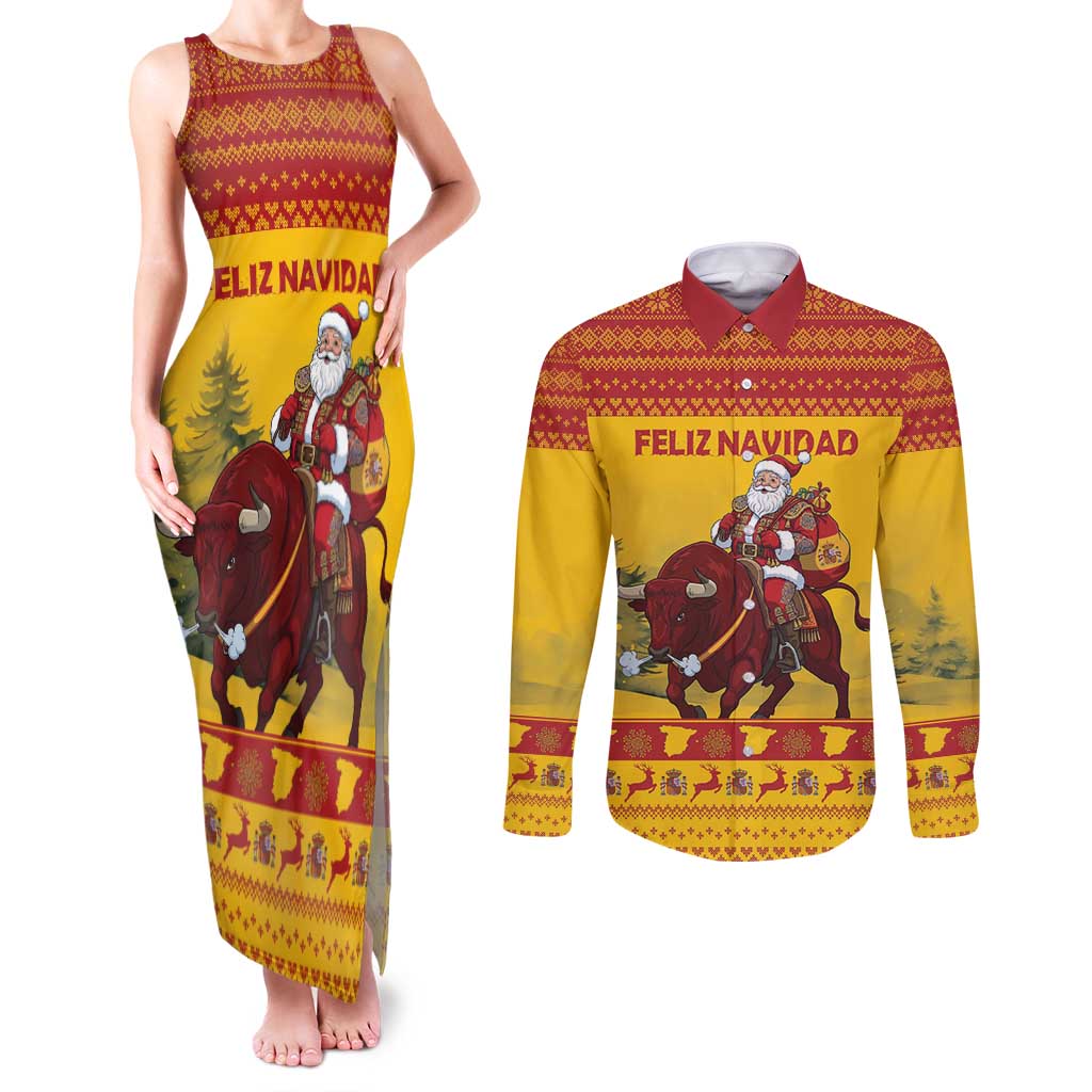 Personalized Spain Christmas Couples Matching Tank Maxi Dress and Long Sleeve Button Shirt Santa Riding Red Bull Feliz Navidad - Wonder Print Shop