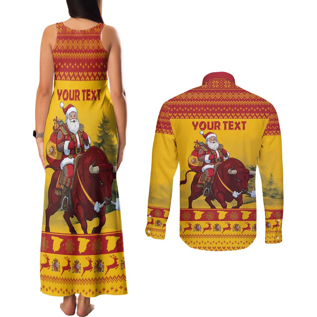 Personalized Spain Christmas Couples Matching Tank Maxi Dress and Long Sleeve Button Shirt Santa Riding Red Bull Feliz Navidad - Wonder Print Shop